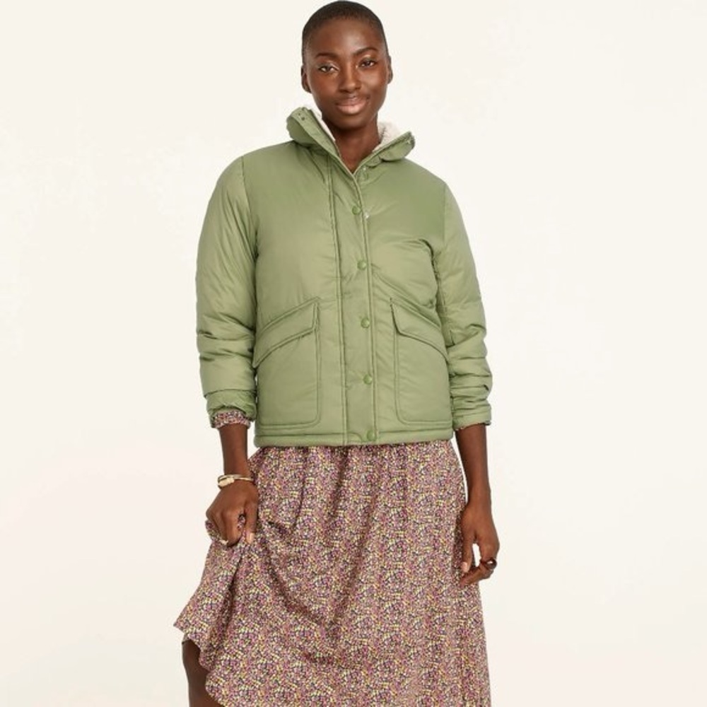 J CREW Sherpa Lined Puffer Women L Full Zip Primaloft Jacket